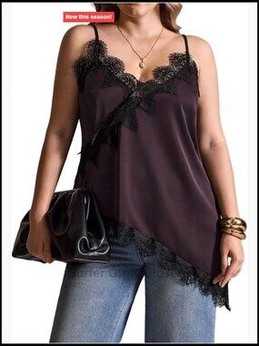 WDIRARA Plus Size Lace Trim V Neck Camisole Sleeveless Asymmetrical Cami